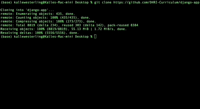 Animated GIF showing the cd django-app command.