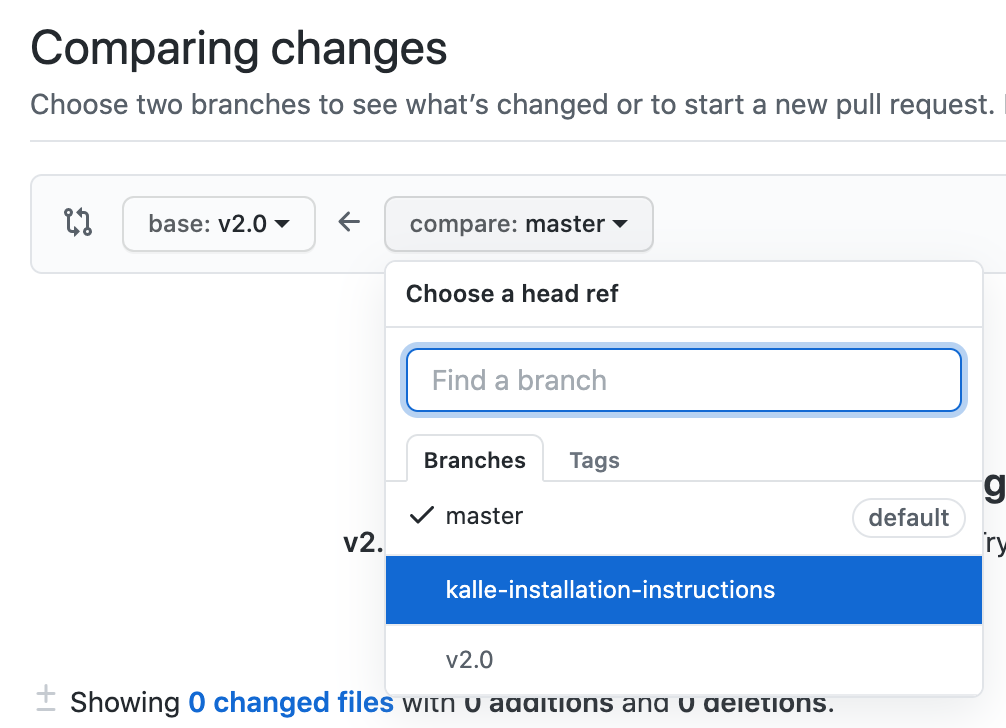 Screenshot detail of choosing a head ref on GitHub