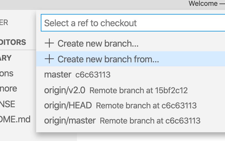 Screenshot detail of the menu option "Create new branch from..."