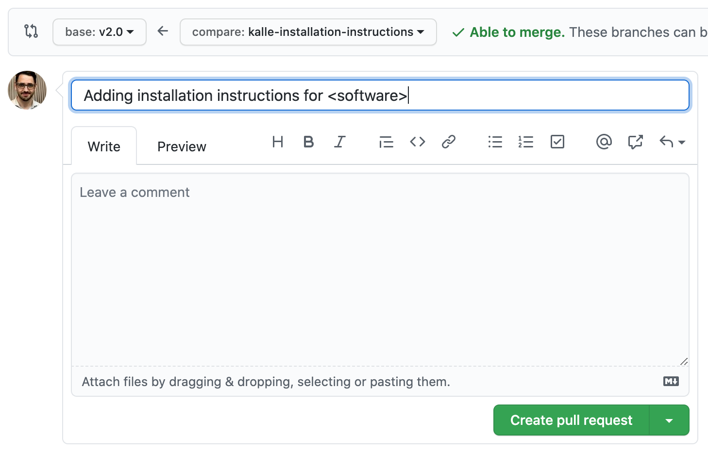 Screenshot detail of the form where you describe your desired Pull Request