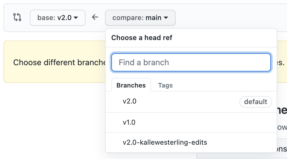 Screenshot detail of choosing a head ref on GitHub