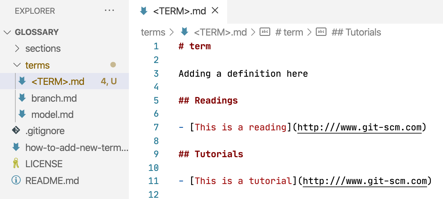 Screenshot detail of the way that the glossary repository should look after you're done with the editing