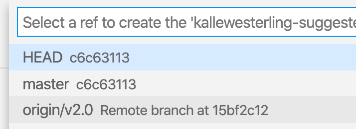 Screenshot detail of the menu option "Create new branch from..."